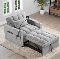 Grey Convertible Pull Out Sofa Couch with Power – USB, Cup Holders, Phone Holder