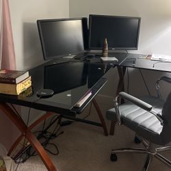 Dark Glass Desk With Two Monitors