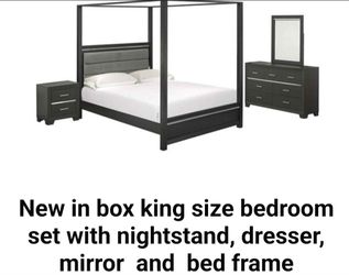 New in box king size bedroom set with nightstand, dresser, mirror  and  bed frame