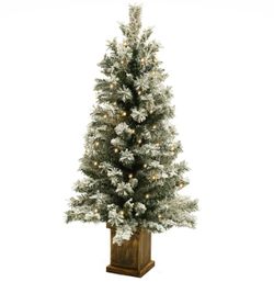 NEW - LuxenHome - 4' Pre-Lit LED Battery-Operated w/Timer Artificial Flocked Fir Christmas Tree in Gold Square Planter