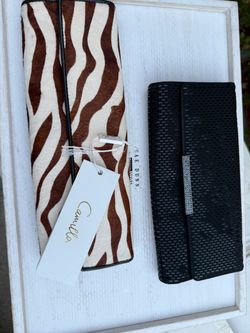 Designer Camilla Zebra Clutch + Black Rhinestone Evening Clutch