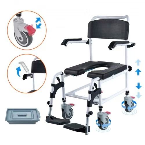 519#Shower Commode Wheelchair with 4 Lockable Wheels, Footrests, Flip-up Arms, 3-Level Adjustable Height, 5L Removable Bucket, 350 LBS Capacity, Commo