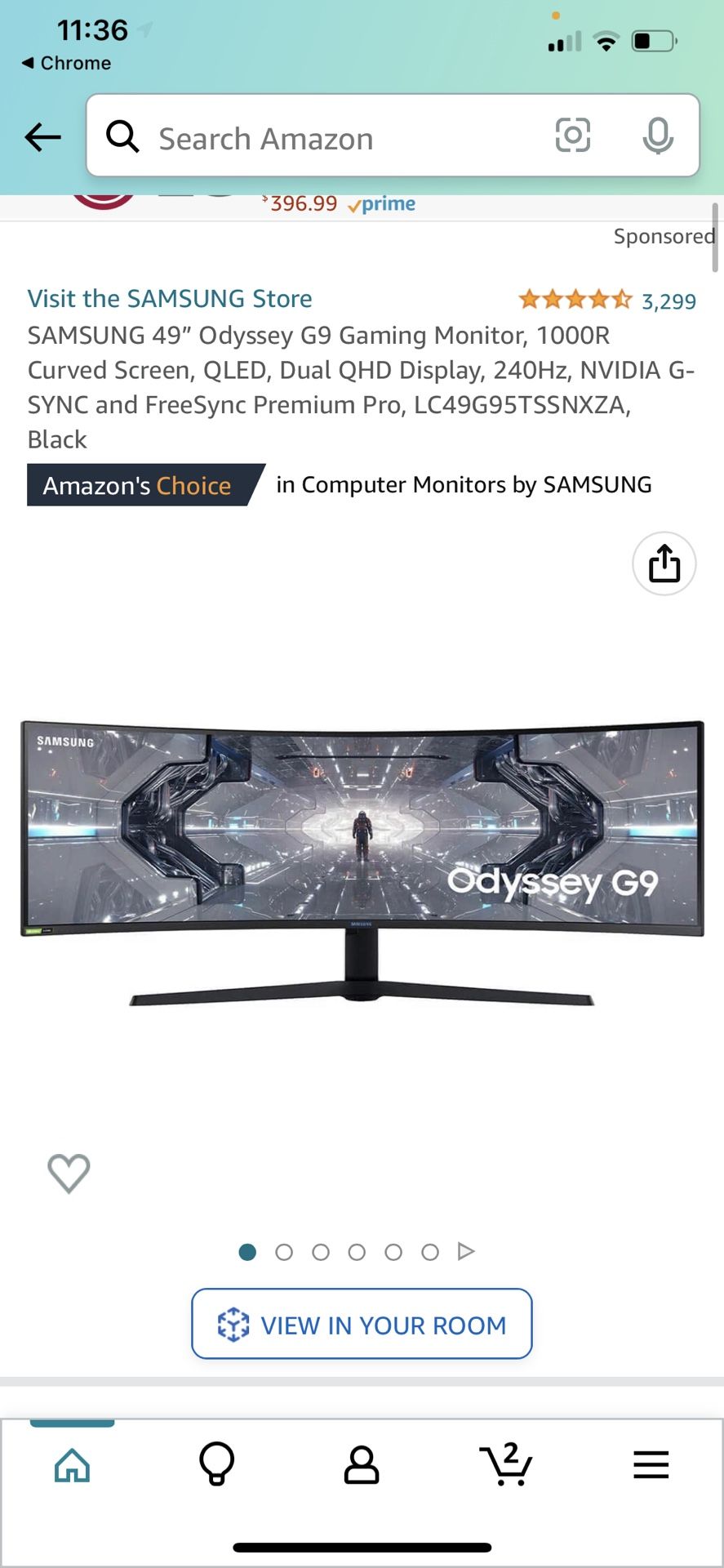 SAMSUNG 49” Odyssey G9 Gaming Monitor, 1000R Curved Screen, QLED, Dual QHD Display, 240Hz, NVIDIA G-SYNC and FreeSync Premium Pro, LC49G95TSSNXZA, Bla