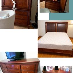 Cherrywood Bedroom Set, King Headboard, Matress, Nightstand, Dresser, Armoire