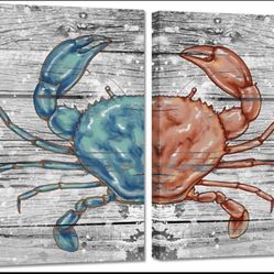 HAPPYWALL 2 Pieces Set Vintage Beach Wall Decor Crab Inspiration Ocean Marine Animal Picture