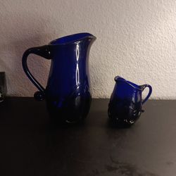 STUNNING Signed Mexican Blown Art Glass Pair of Cobalt Blue Pitchers. 
LARGE is 7" Tall & SMALL is 4" tall.
