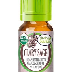 Healing Solutions Clary Sage Essential Oil, 0.33 oz (10ml), Pure, Organic, Undiluted for Hair Diffuser, & Skin, Therapeutic Grade Essential Oils
