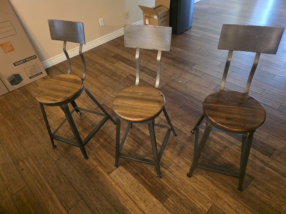 (3) World Market Hudson Acacia Wood & Metal Pub Stool