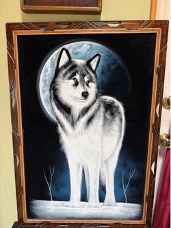 Large Vintage Ortiz Velvet Painting – Full Moon Wolf / Husky – Hand Painted – Hecho en Mexico Frame