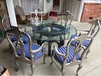 Vintage Dining Room Set 60” Round Ogee Glass Table 6 Arm Chairs  With Wood Carved Base