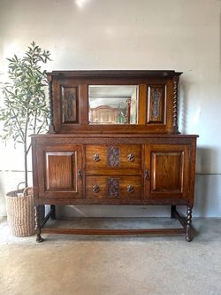 Antique Oak Sideboard with Mirror & Barley Twist Details