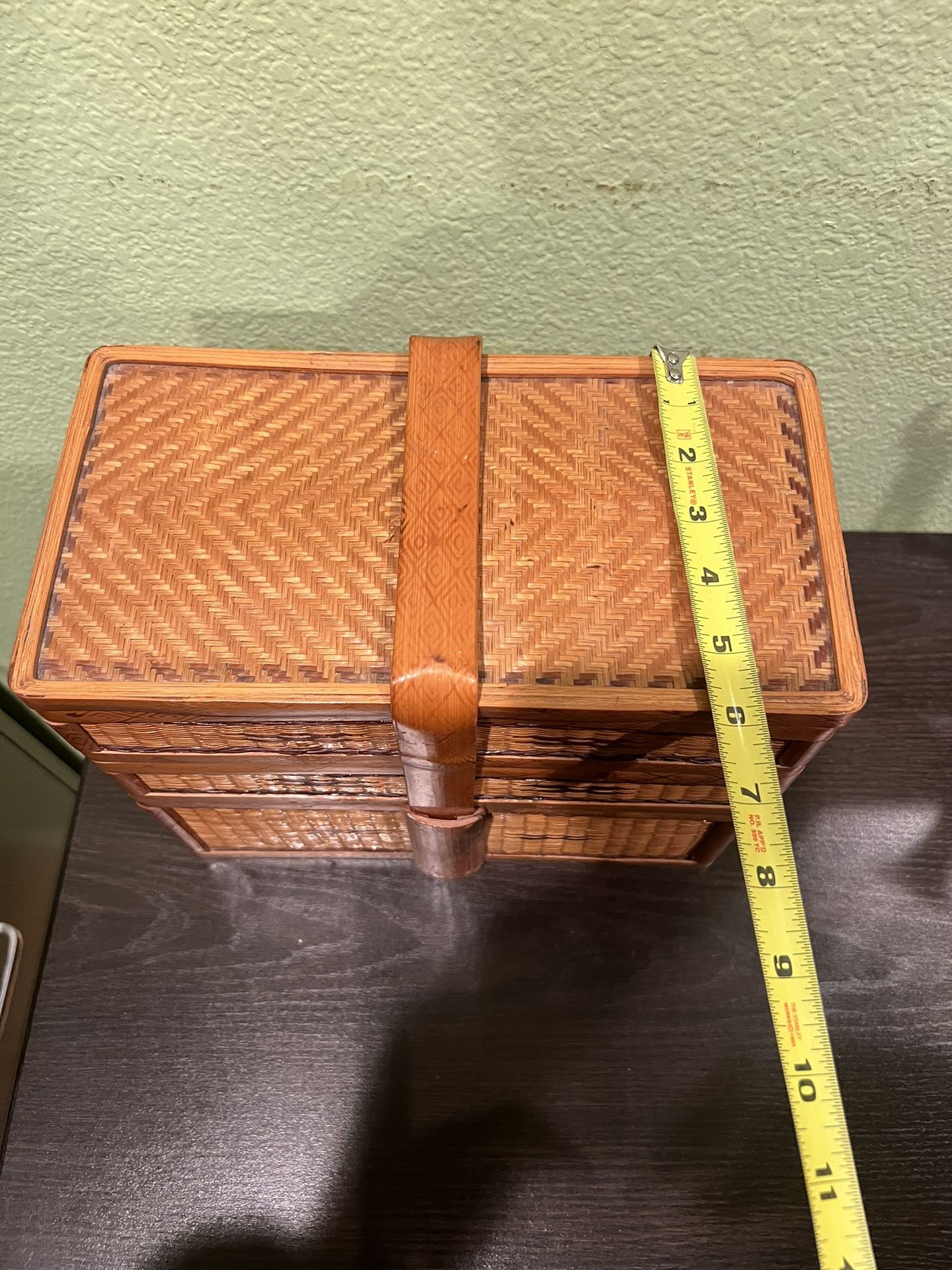 Vintage Chinese Rattan Food Picnic Three Tier Basket 1950s 9”Hx 11”Wx6”D