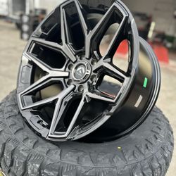 Fuel FC FLUX 20x10 6x139.7 -18 black with 33x12.50r20 mud tires available in stock we finance 