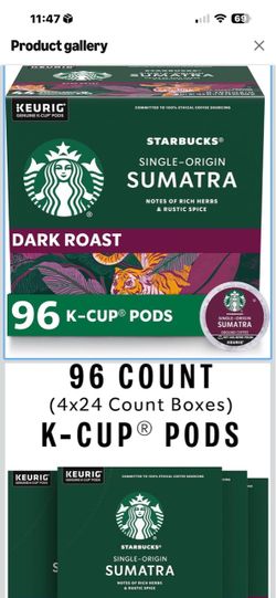 Starbucks Sumatra Dark Roast K-Cup Pods 96 Count