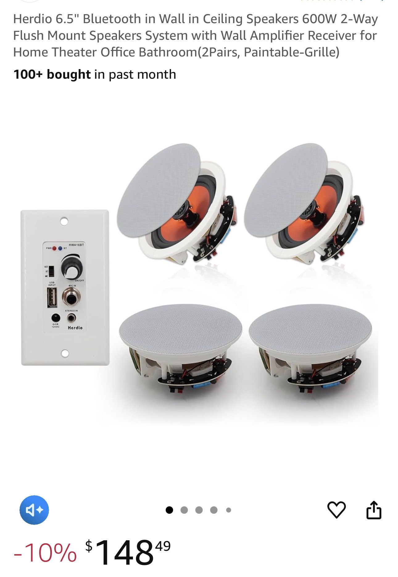 Herdio 6.5'' Bluetooth in Wall in Ceiling Speakers 600W 2-Way Flush Mount Speakers System with Wall Amplifier Receiver for Home Theater Office Bathroo