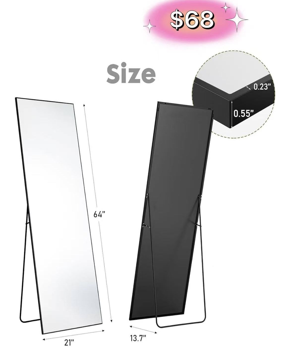 😀 64"x21" Full Length Mirror, Standing or Leaning Full Body Mirror with Aluminum Alloy Thin Frame, Suitable for Bedroom or Cloakroom,Black