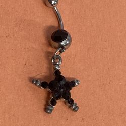 Belly Navel Ring, Surgical Steel, Star, Black Stones On Silver