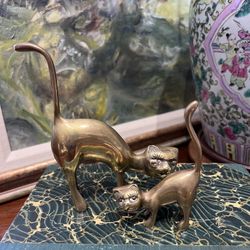 Two Vintage MCM Solid Brass Cat Figurines Ring Holder