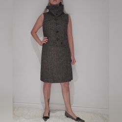 Badgley Mischka Brown Tweed buttondown Funnel Neck Sleeveless Sheath Dress sizeM 
