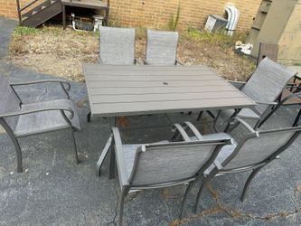 7 PCs Patio Set, Rectangular Outdoor Gray Dining Table with 6 Gray Dining Chairs