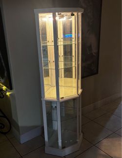 Hexagonal Glass Display Cabinet With Light & Mirrored-Back 70”H