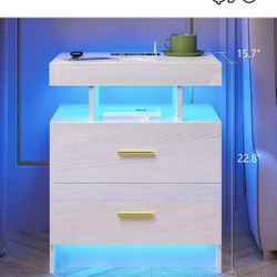 😀 1Pcs LED Nightstand, RGB White Night Stand with USB/Wireless Charging Station, Modern Bedside Table With  Auto Sensor RGB Lights, End Side Table