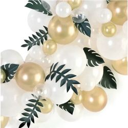 Gold and White Balloon Arch with Green Leaves Decor Kit