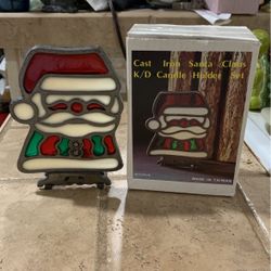 Vintage Cast Iron Stained Glass Santa Claus Christmas Votive Candle Holder Set With Glass Votive Holder And Votive Candle