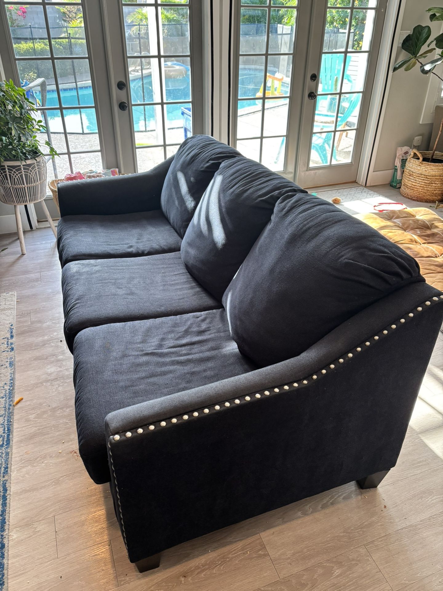 Navy Blue Studded Sleeper Sofa and Love Seat
