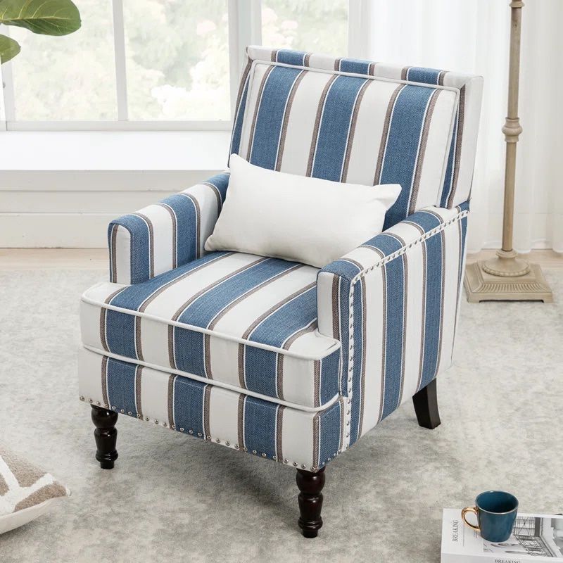 35 in. Blue White Stripes Fabric Classic Accent Chair Solid Wood Upholstered Armchair with Cushion Nailhead