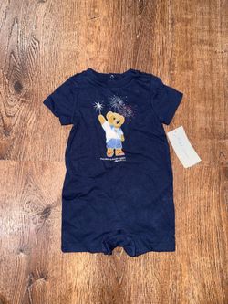 Ralph Lauren navy blue baby romper with bear design, Size: 6-9 months