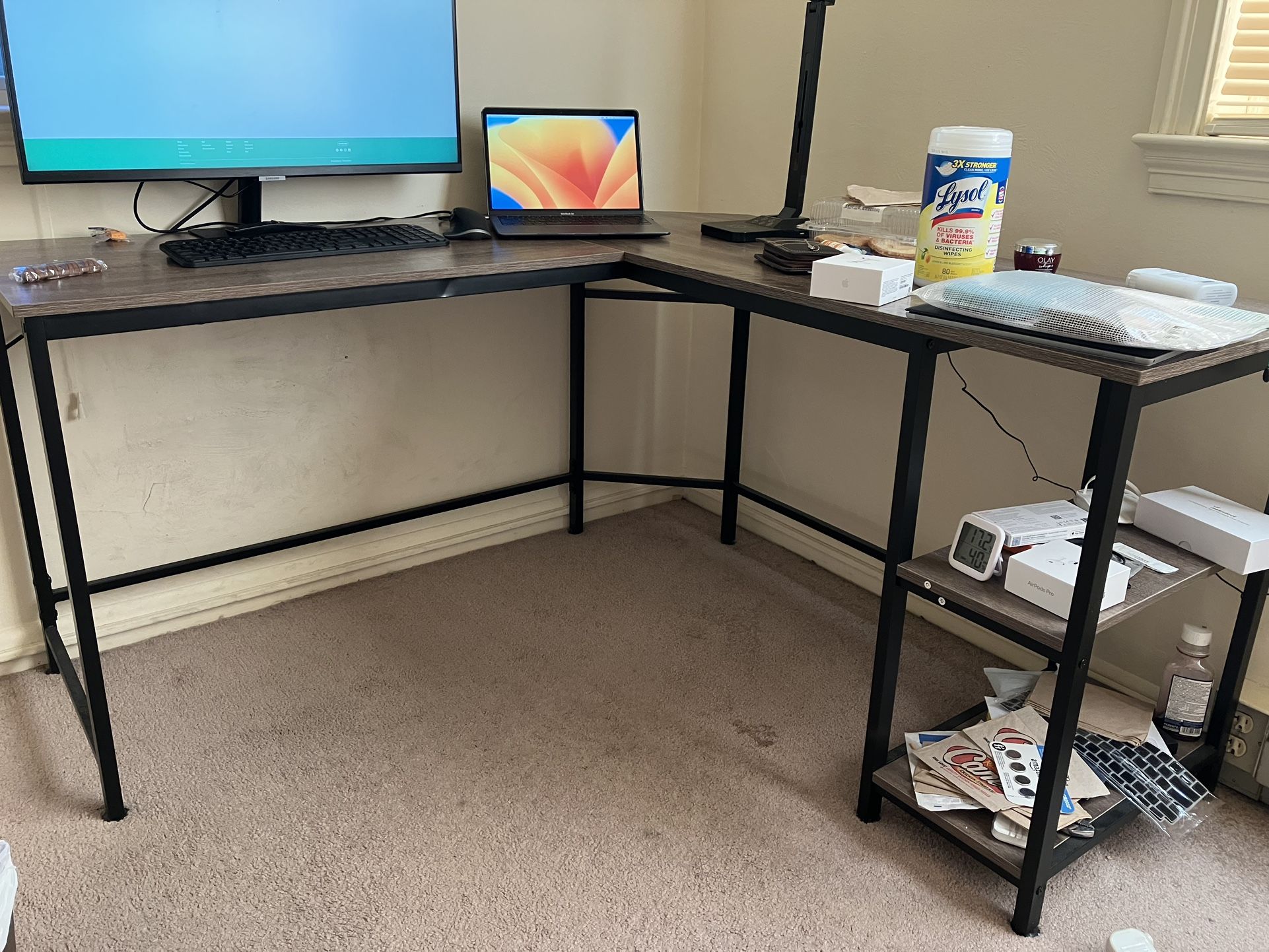 Amazon Basics L-Shape Computer Desk with Shelves for Storage, 54.3 Inch, Espresso with Black Frame