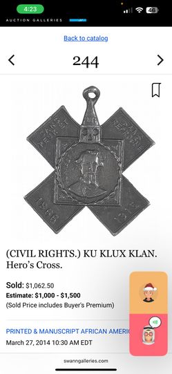 CIVIL RIGHTS KU KLUX KLAN Hero’s Cross 