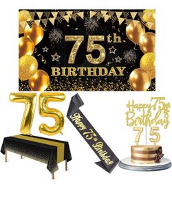 75th Birthday Decorations Men Women with 75th Birthday Banner, Black and Gold Table Cloth, Number Balloons, Large Sash, Cake Topper and Candles