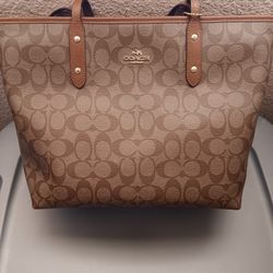 COACH Signature City Zip Tote Bag | Brown/Tan | Coated Canvas Leather