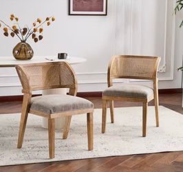 ❤️Ethan Natural plus Light Brown Fabric Upholstered Dining Chairs with Curved Rattan Backrest, Set of 2❤️
