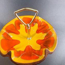Vintage GIO USA MCM Nut Candy Dish Orange Yellow Ceramic Faux Wood Handle
