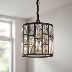 Home Decorators Collection Kristella 1-Light Matte Black Pendant with Clear Crystal Shade