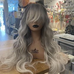 Human hair blend ash gray to platinum blonde wig