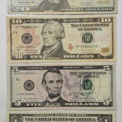 20,10,5,1 $ US Currency * Notes