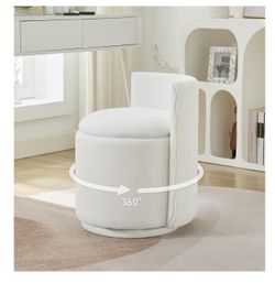 Velvet Vanity Chair with Storage, 360° Swivel Makeup Chair with Wave Back, No Assembly Small Accent Stool for , Living Room, White(AP25)