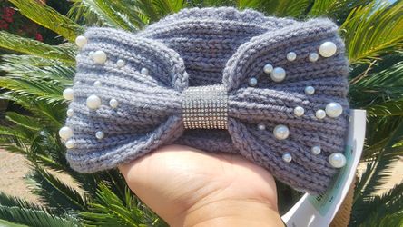 Elegant Gray Knitted Headband with Pearls By KENSIE