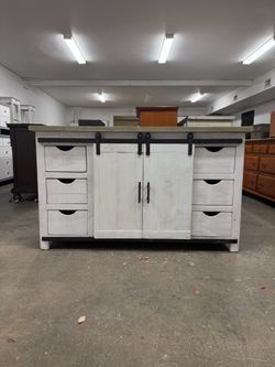 Rustic Rolling Barn Doors & 6 Drawers TV Stand / Buffet