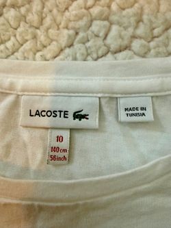 Lacoste Girls T-Shirt Size 10 140cm White Red Wavy Stripe Script Logo Short Slee