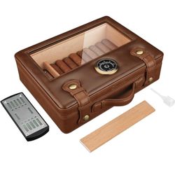 Cigar Humidor, Travel Accessories, Portable Cigar Humidor Box with Glass Top, Humidifier Hygrometer Gauge, Cedar Wood Lining up to 50pcs Cigars Large 