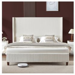 PLAUIN Queen Size Platform Bed Frame with 62" Headboard Corduroy Upholstered Bed/Wingback/No Box Spring Needed/Noise Free/Cream