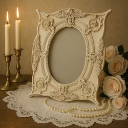 Victorian Baroque Ivory Ornate Photo Frame | Rococo Mantel Decor | Shabby Chic Floral Carved Display Fits 3.5”x5”