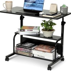 Portable Rolling Desk on Wheels Adjustable Height Desks for Small Spaces, 32" Computer Desk with Storage Shelves for Home Office Black
