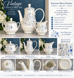 Not to be missed $65 OBO Vintage 3 Pc Blue Floral China Coffee Set Pot Sugar Creamer