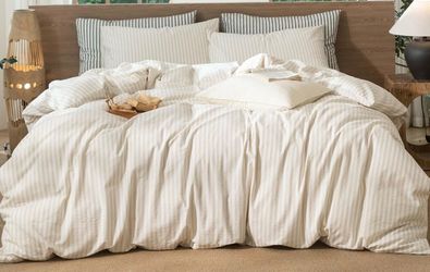 New Queen Size MooMee Striped Duvet Cover Set 100% Washed Cotton Linen Like Textured
